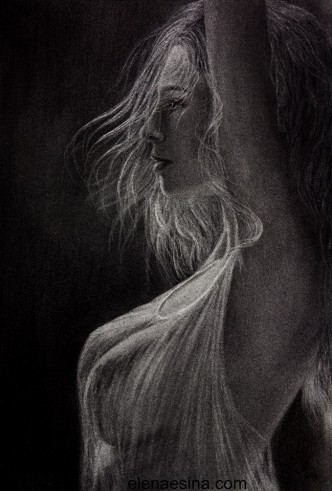 Charcoal Drawing. Blinding Rays of Passion. Artist Elena Esina